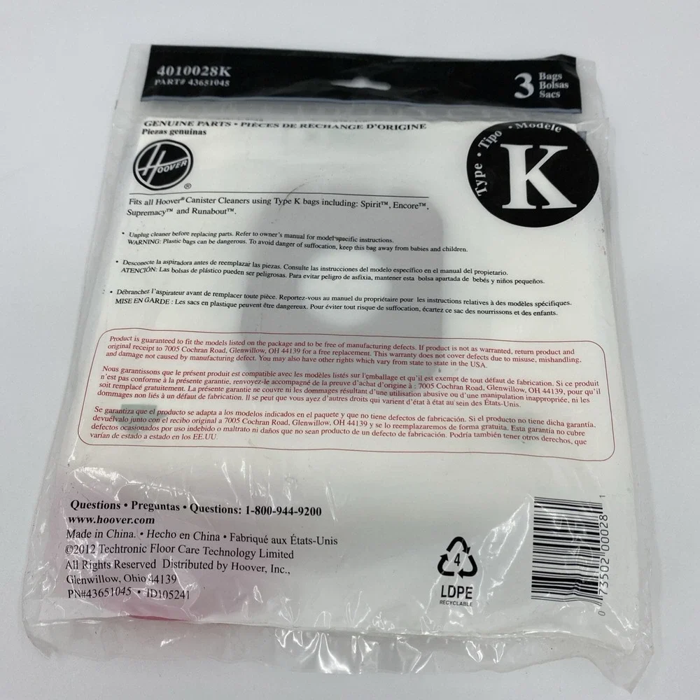 Hoover Type K Spirit OEM Vacuum Cleaner Bags Encore Canister 4010028K NIP